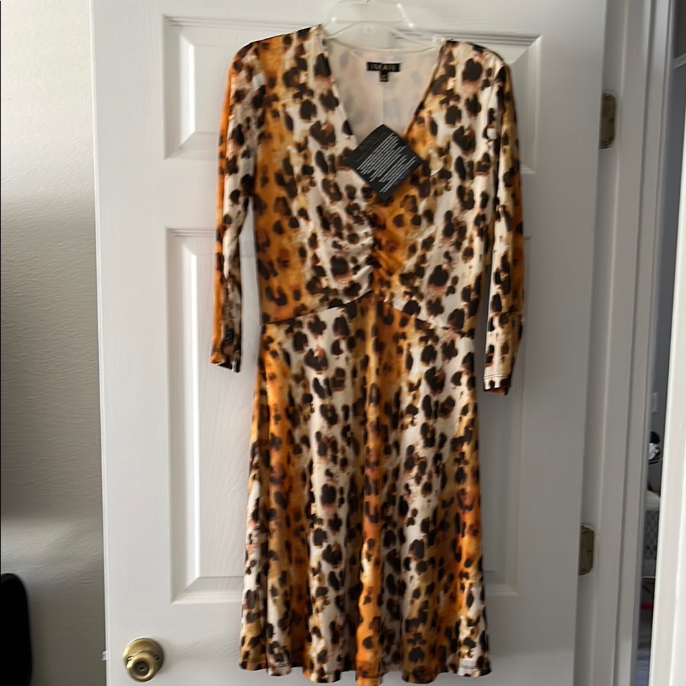 IMAN Brown Tan Wrap Dress Fit and Flare Long Sleeve